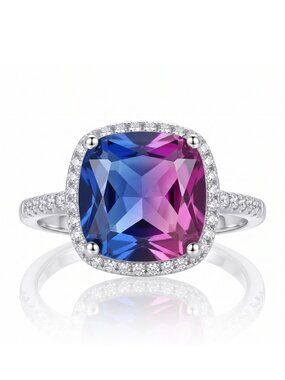 Pink & Purple Cushion Cut Gemstone Ring, 925 Sterling Silver Charmed Aro…